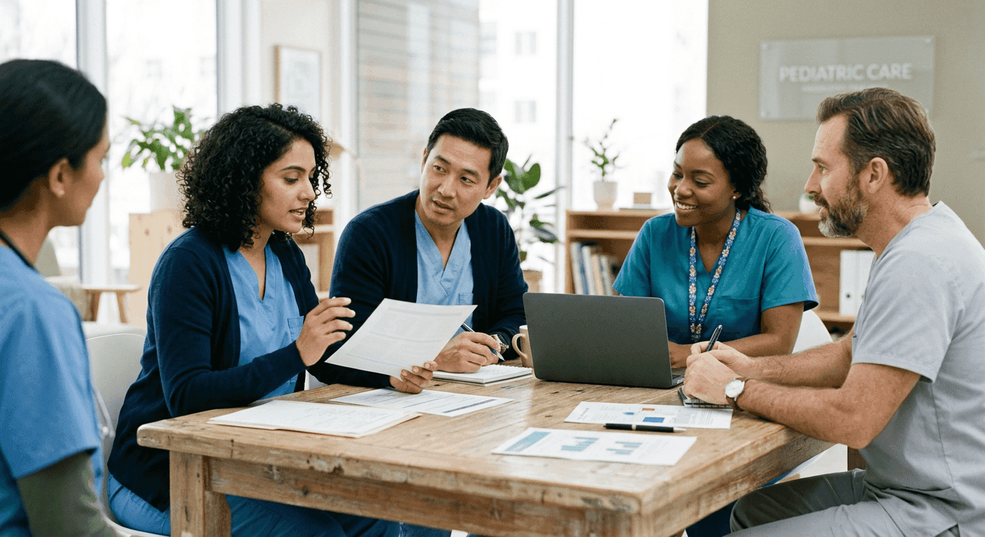 A pediatric care team collaborating around a table