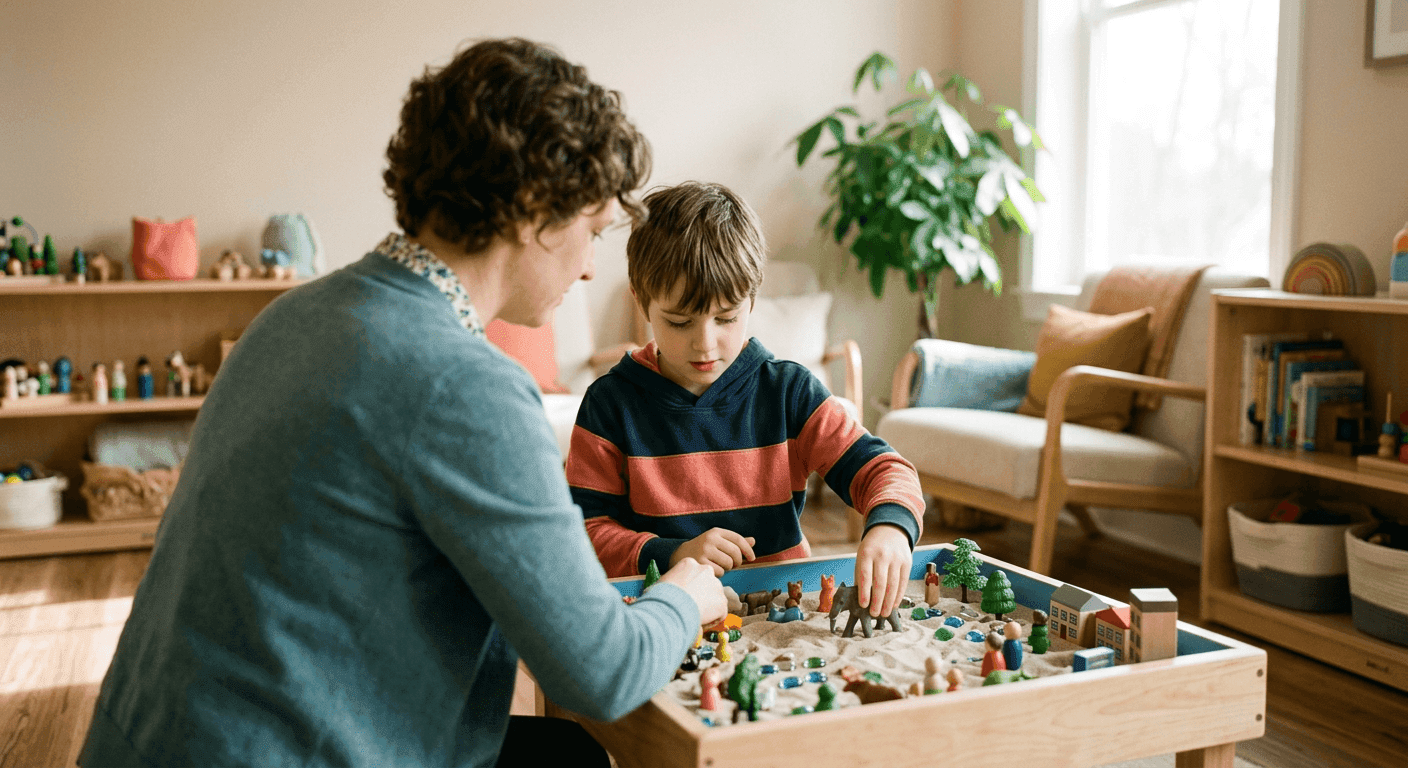 A therapist and child playing together at a sandtray with small figurines
