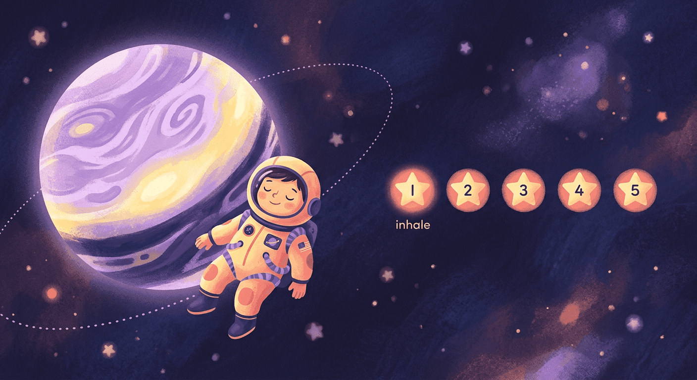 Illustration of a young astronaut floating calmly beside a glowing planet