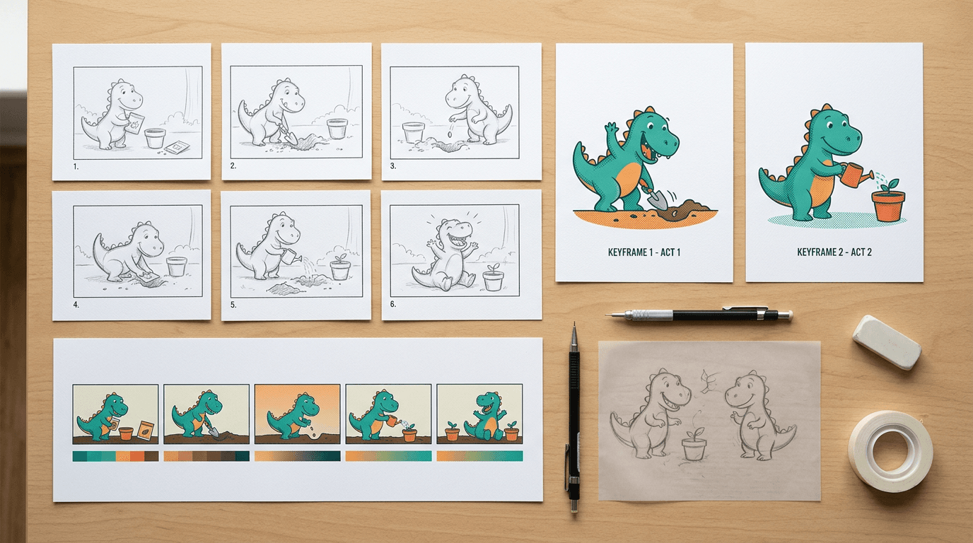 Animation production concept with dinosaur storyboards, keyframes and a color script