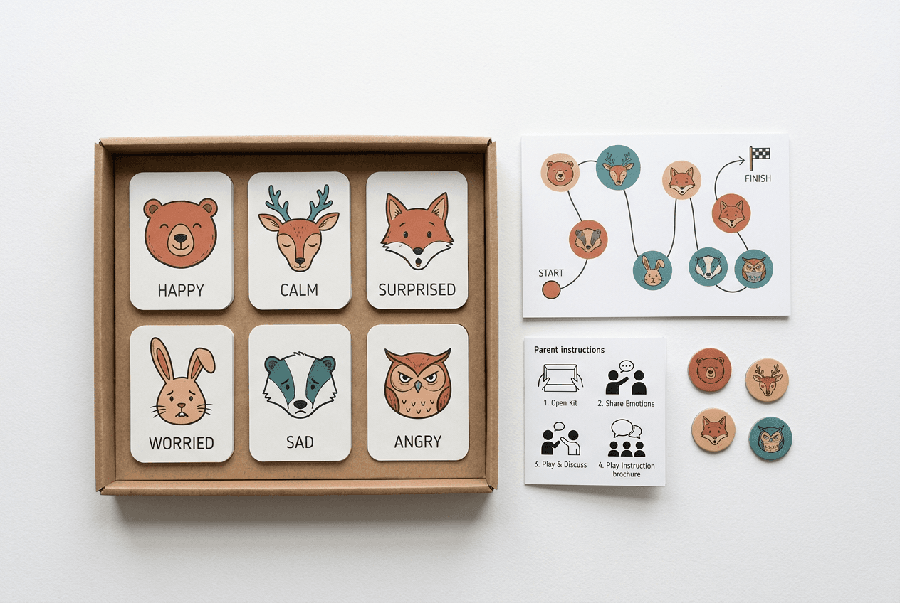 Emotional literacy kit concept with expression cards, activity sheets and matching tokens