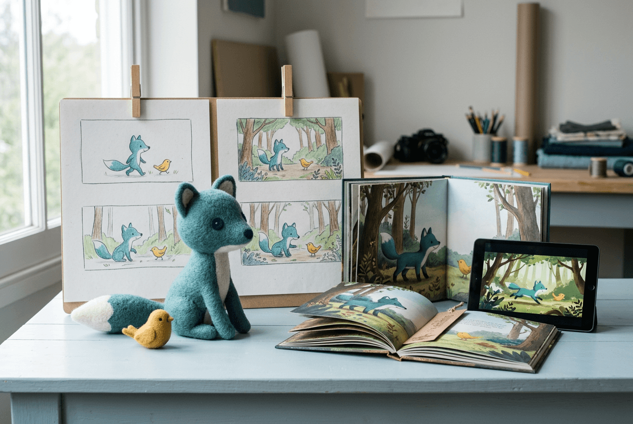 Original fox and bird characters shown as toys, storyboards, a storybook and a digital experience
