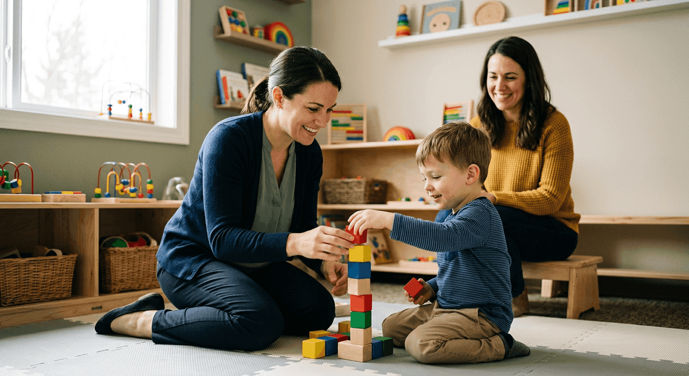 A clinician meeting with a parent and child