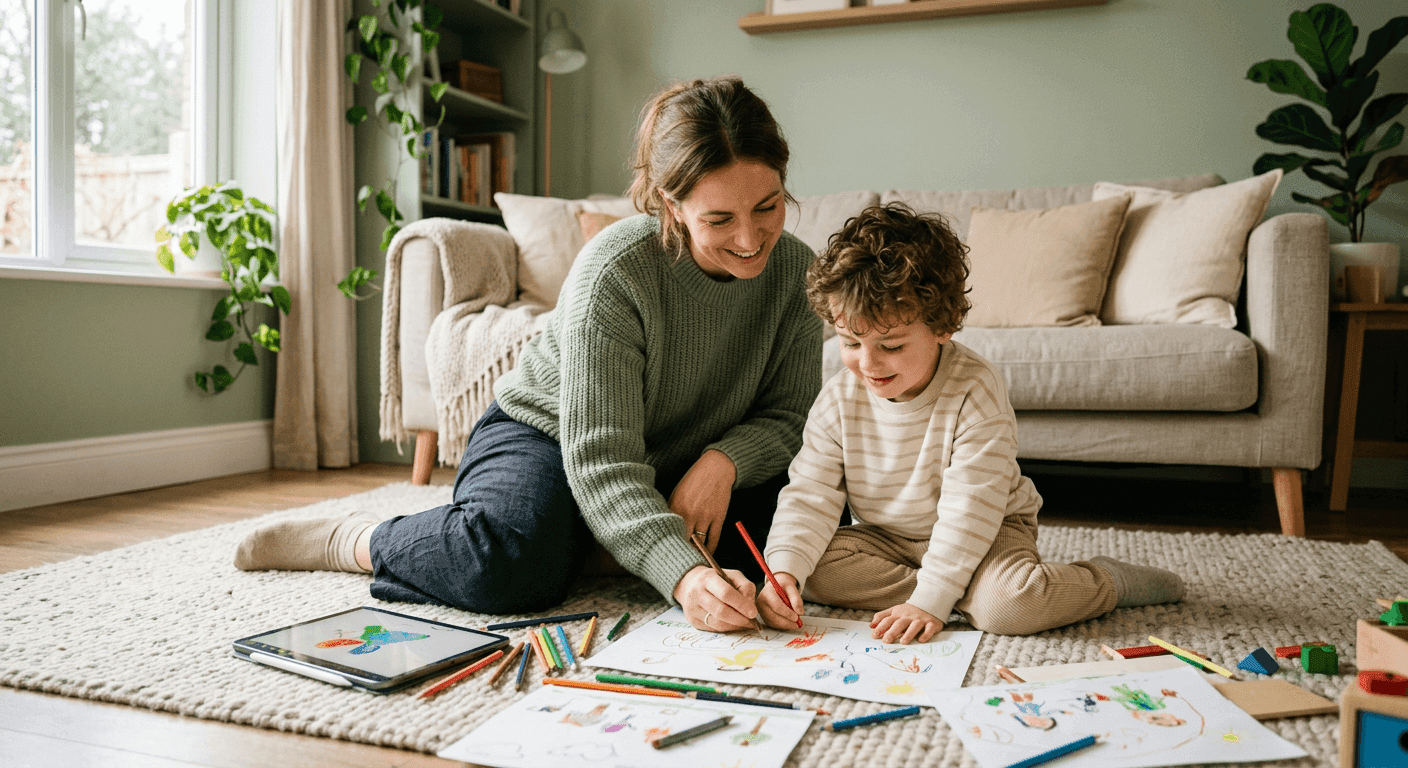 A parent and child drawing together on the living room floor
