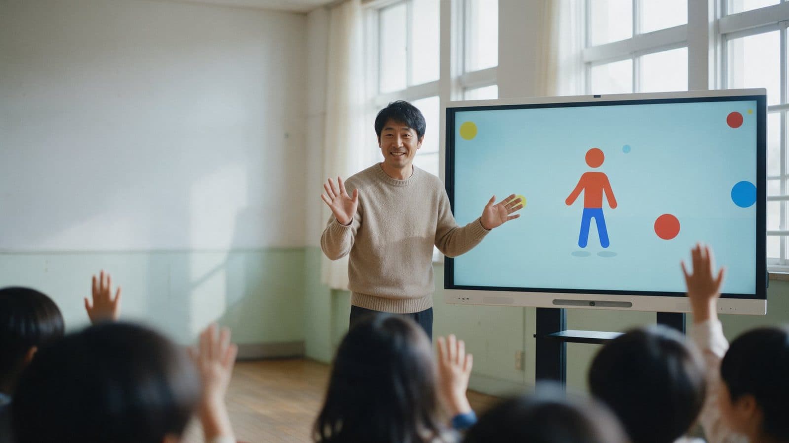 A teacher beside a classroom screen showing a movement game, students seen from behind