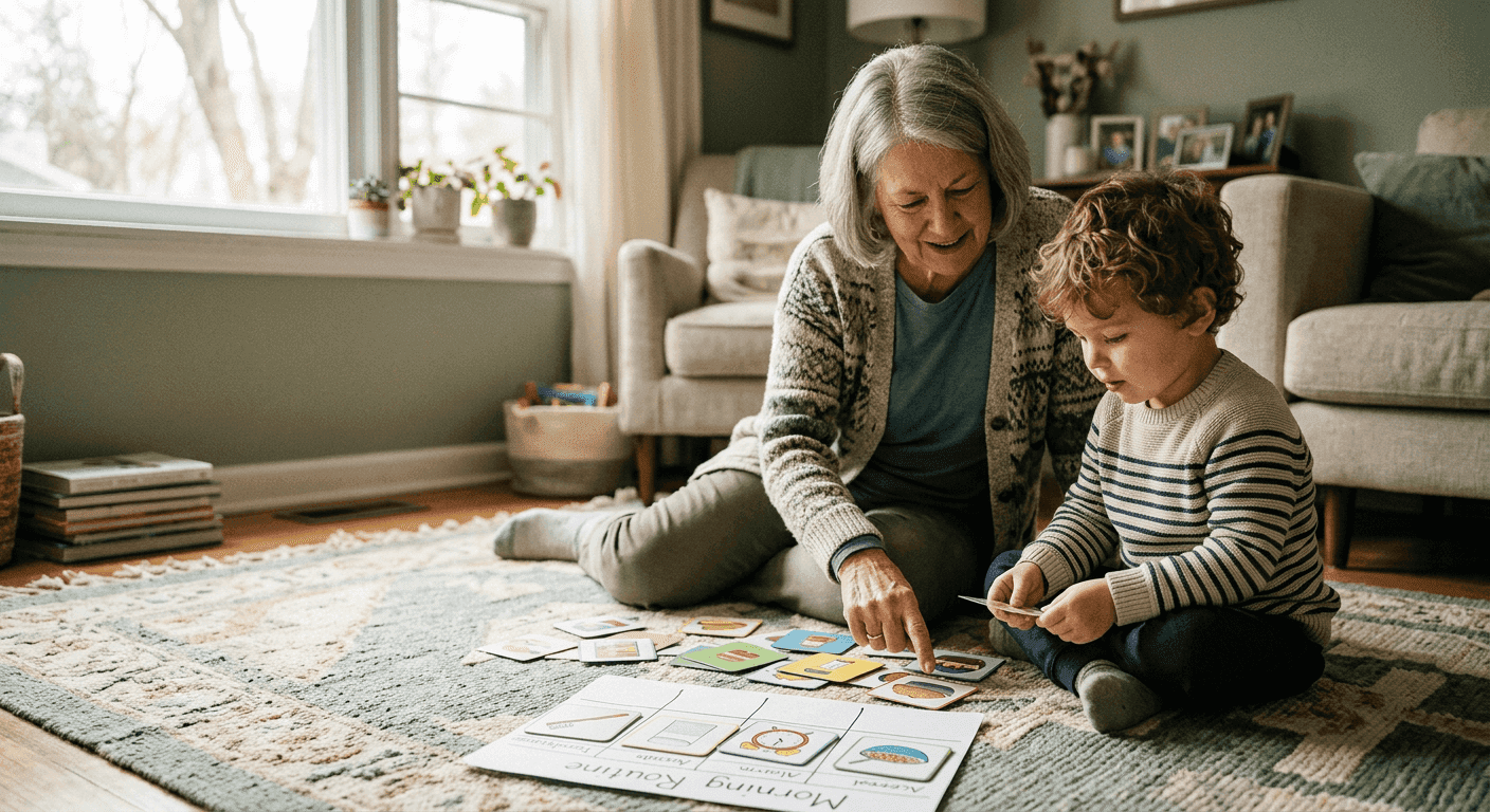 A grandparent reading a picture book with a young child on the sofa
