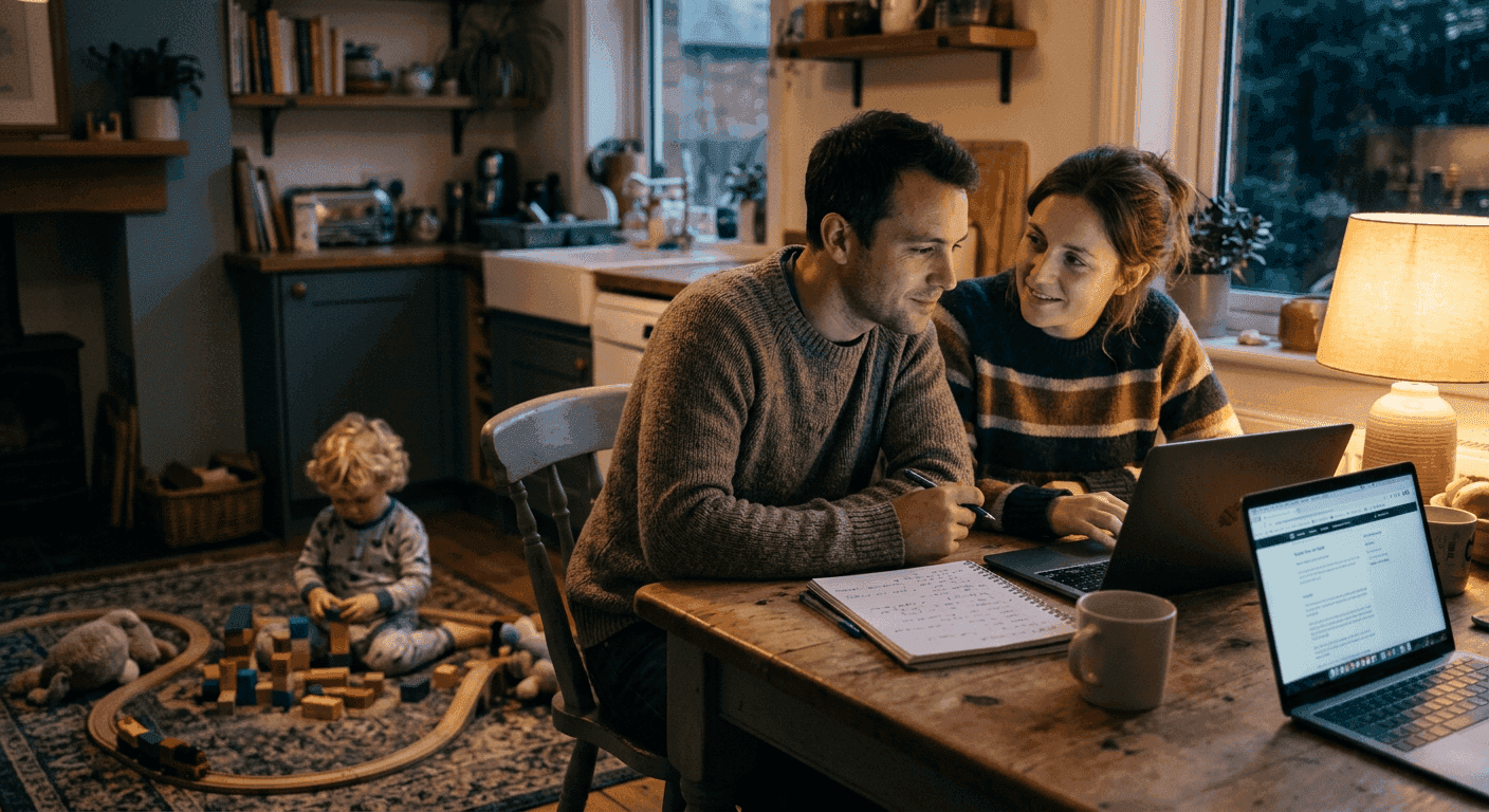 A parent reading information on a laptop while their child plays nearby