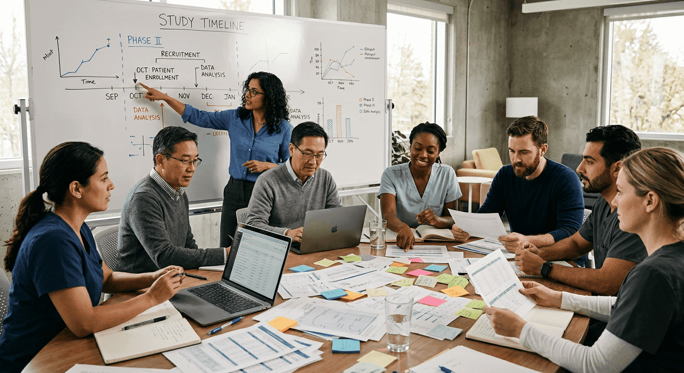 Researchers and clinicians collaborating around a table