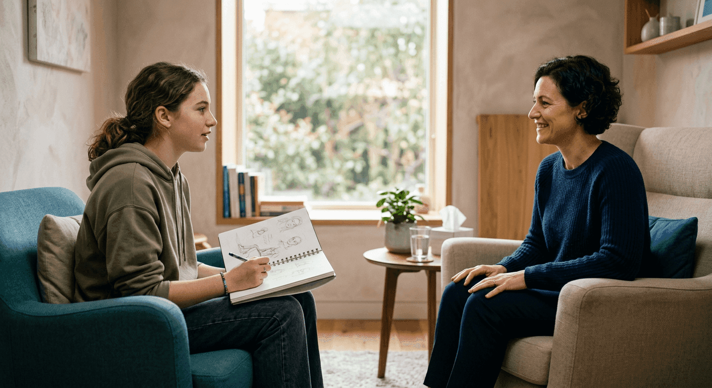 A counselor in conversation with a teenager in a bright therapy room