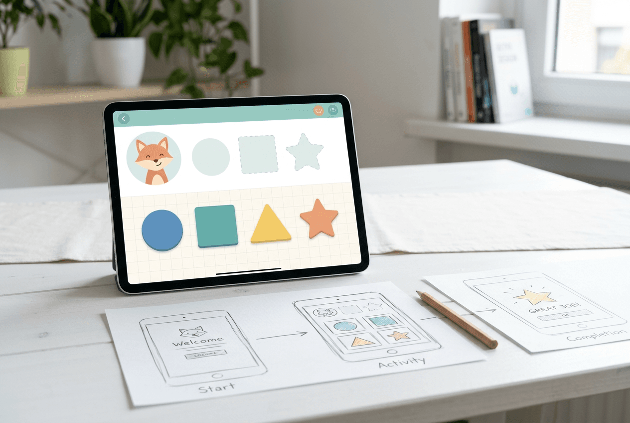 Shape-matching app concept presented with printed interface wireframes