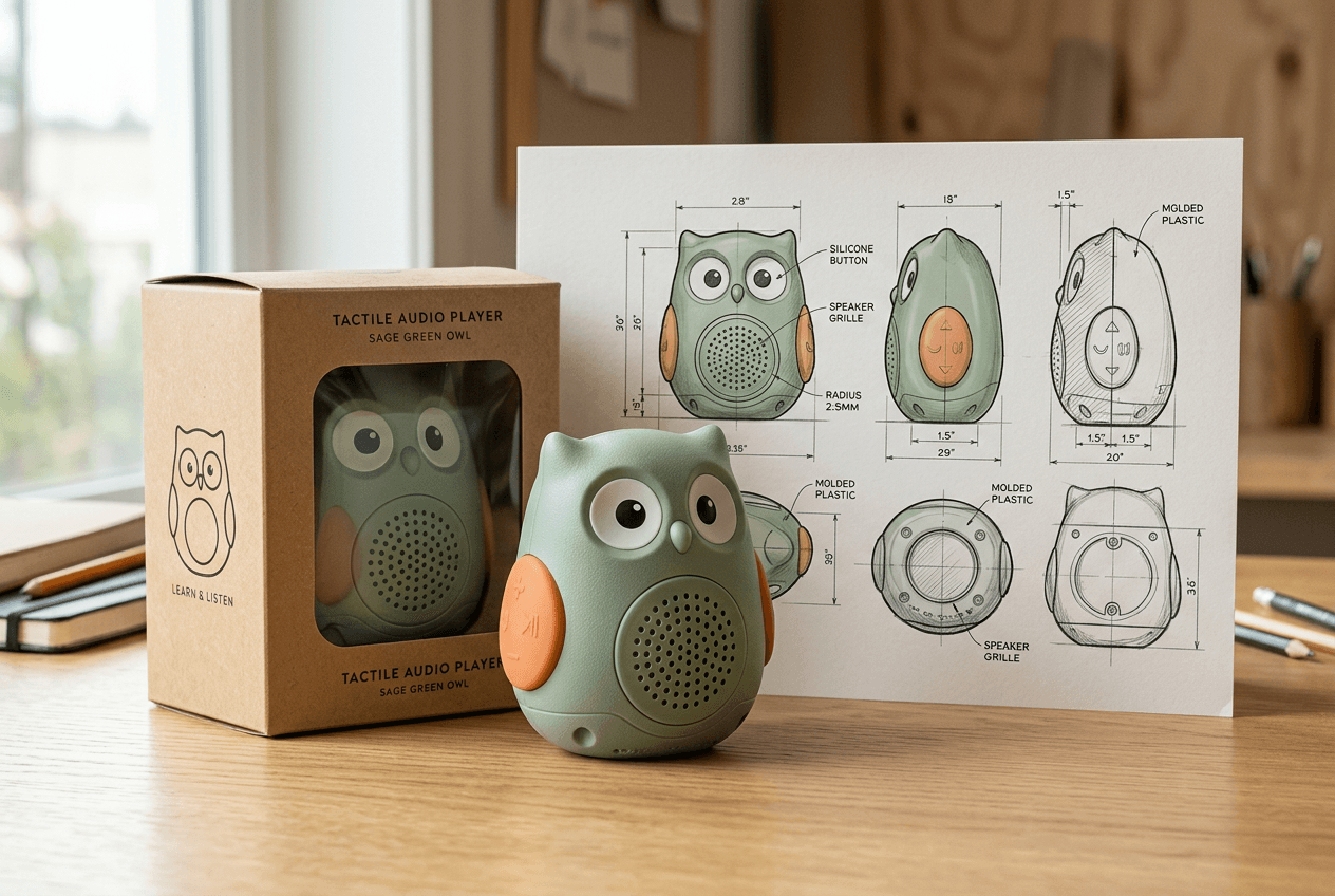 Owl audio toy concept with retail packaging and industrial design sketches