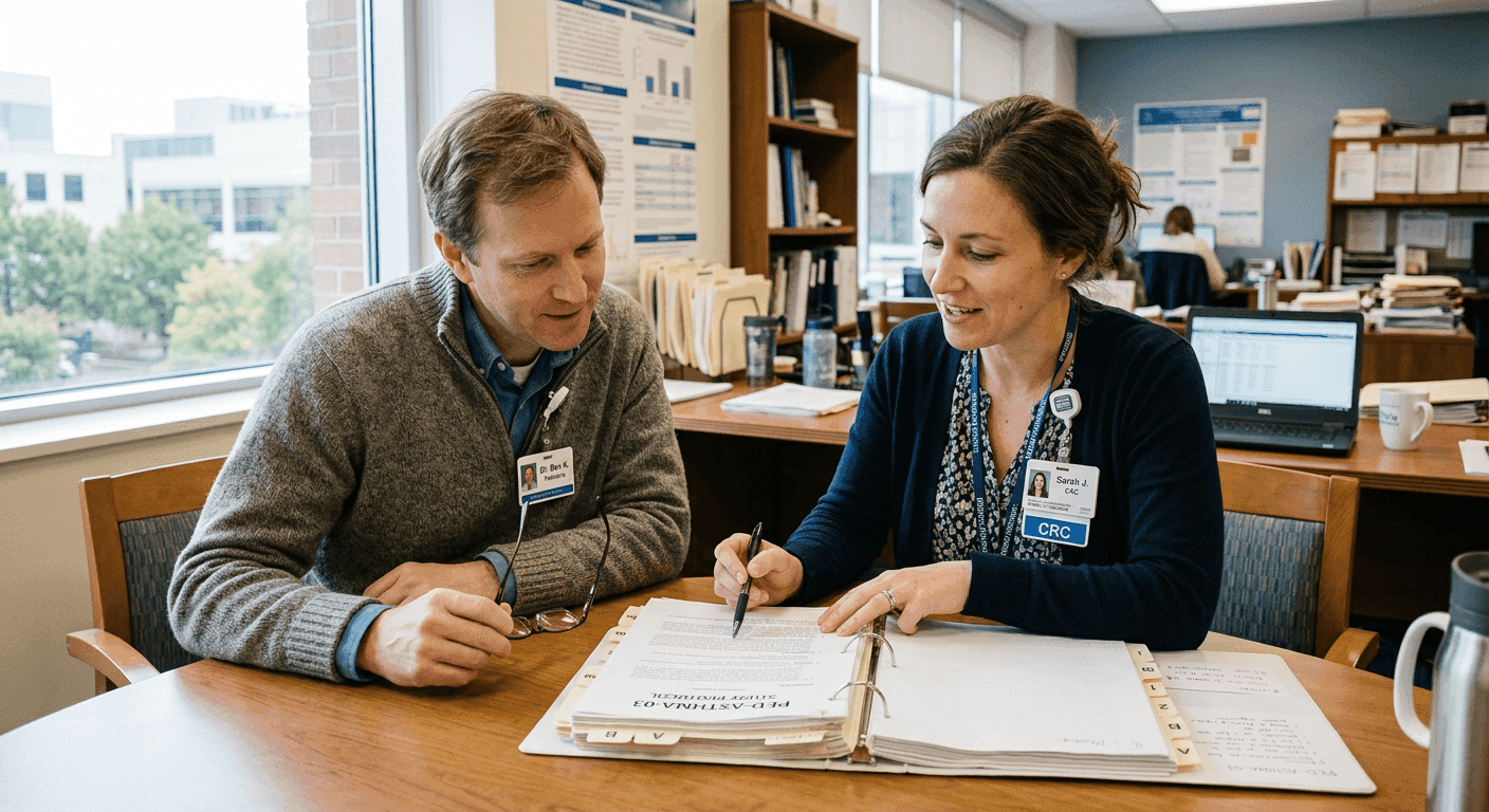 A clinical research coordinator reviewing study materials
