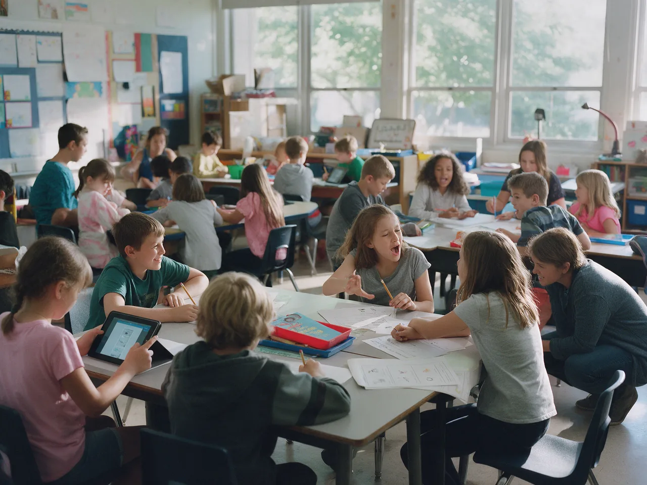 A teacher helps students at their desks while the class works in small groups on tablets