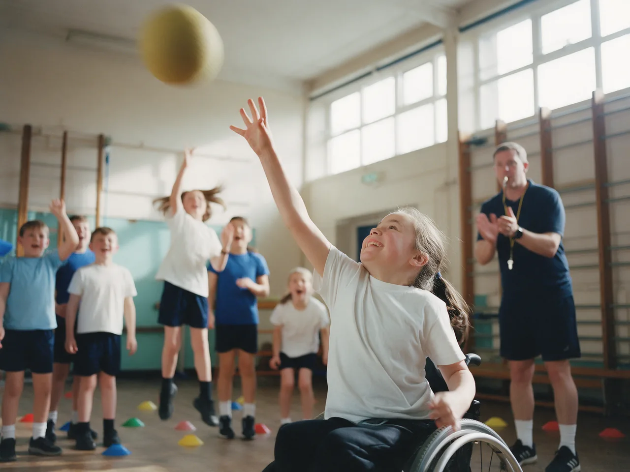 A student in a wheelchair reaches for a ball in an inclusive relay game while classmates and the PE teacher cheer