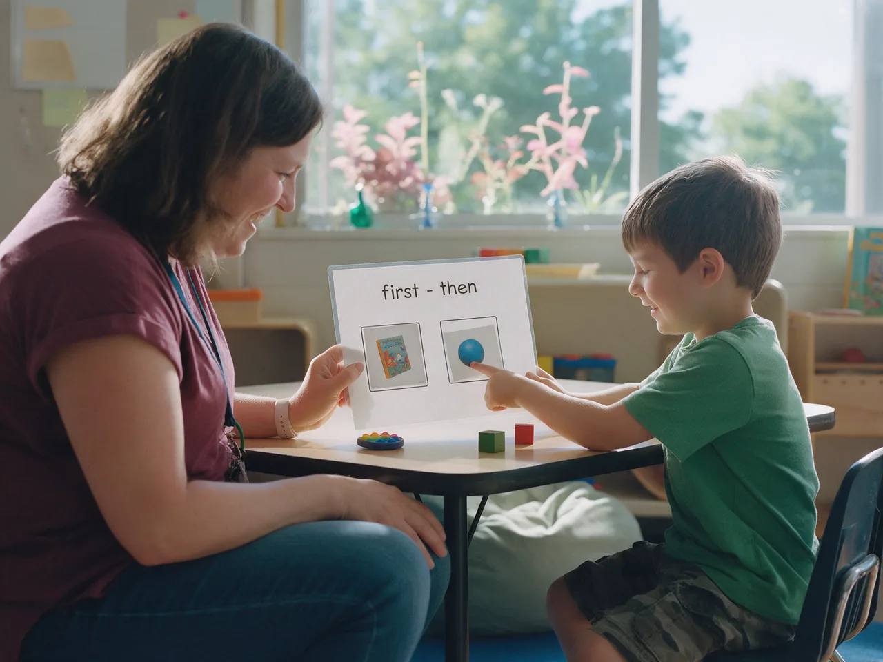 A special education teacher and a young student look at a visual first-then board together