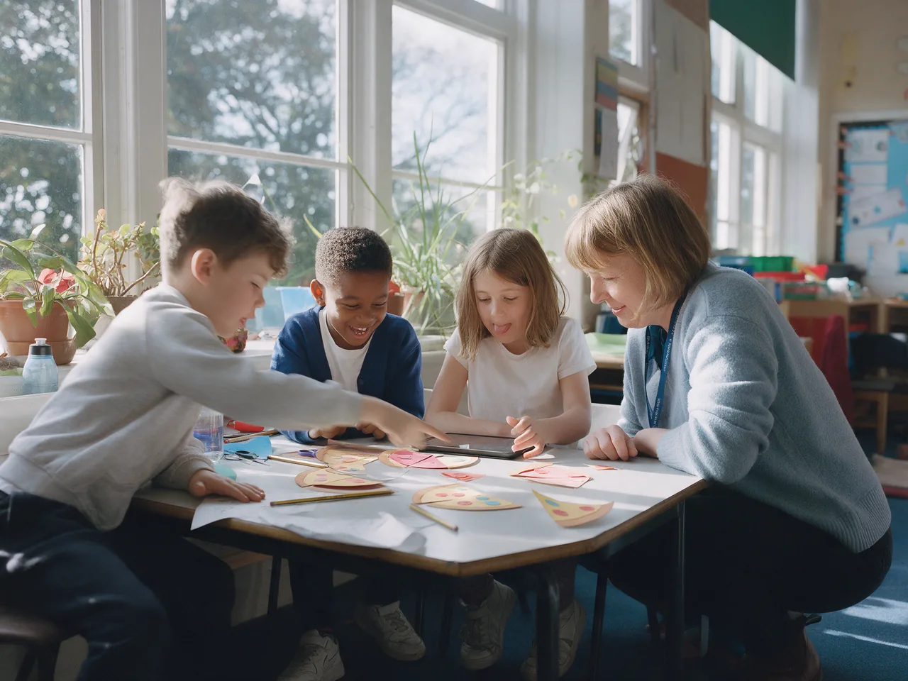 A teacher crouches beside three students working on a fractions activity with paper pizza slices and a tablet