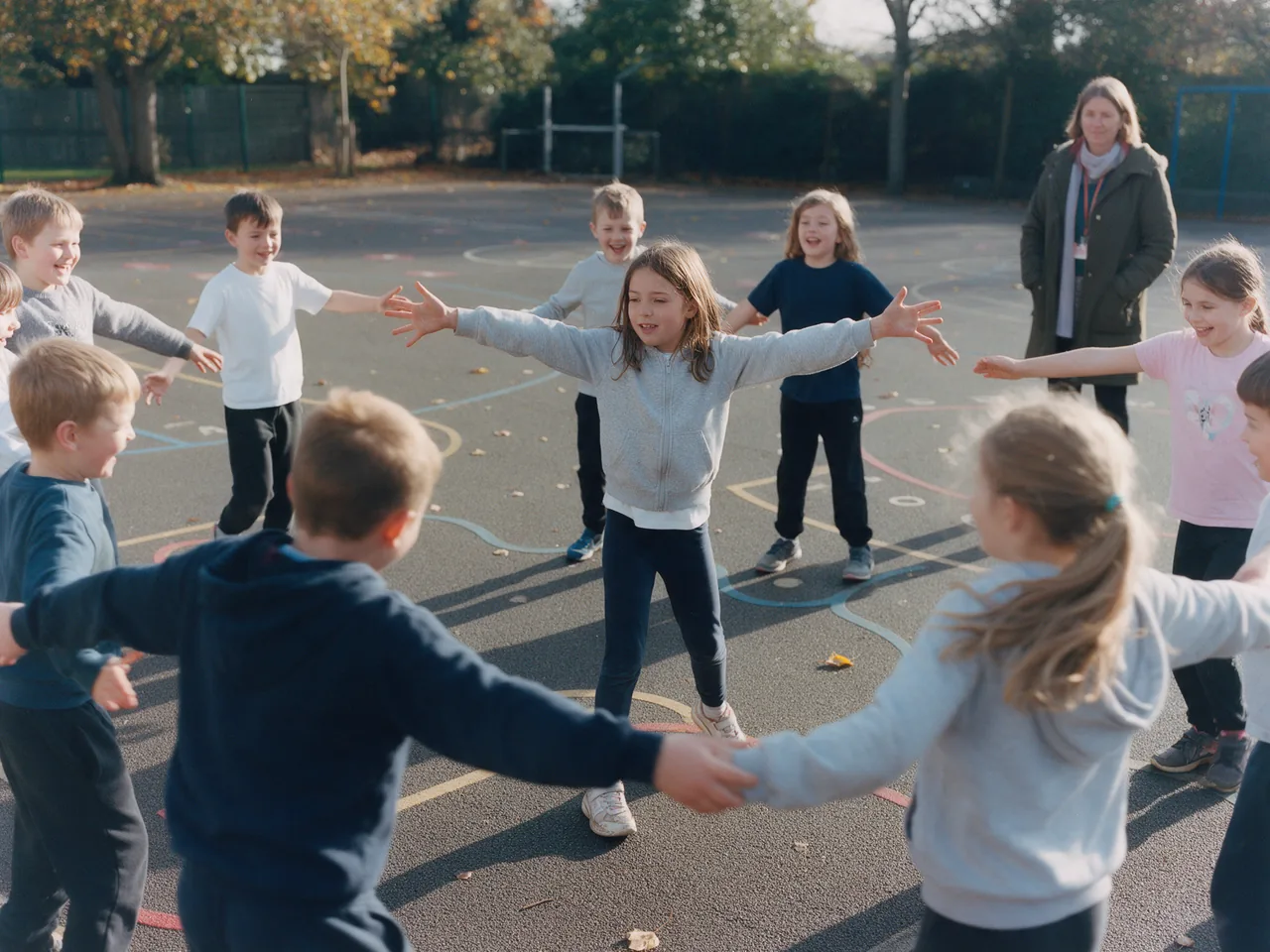 On a sunny playground, students in a circle copy a classmate’s stretch while their teacher looks on