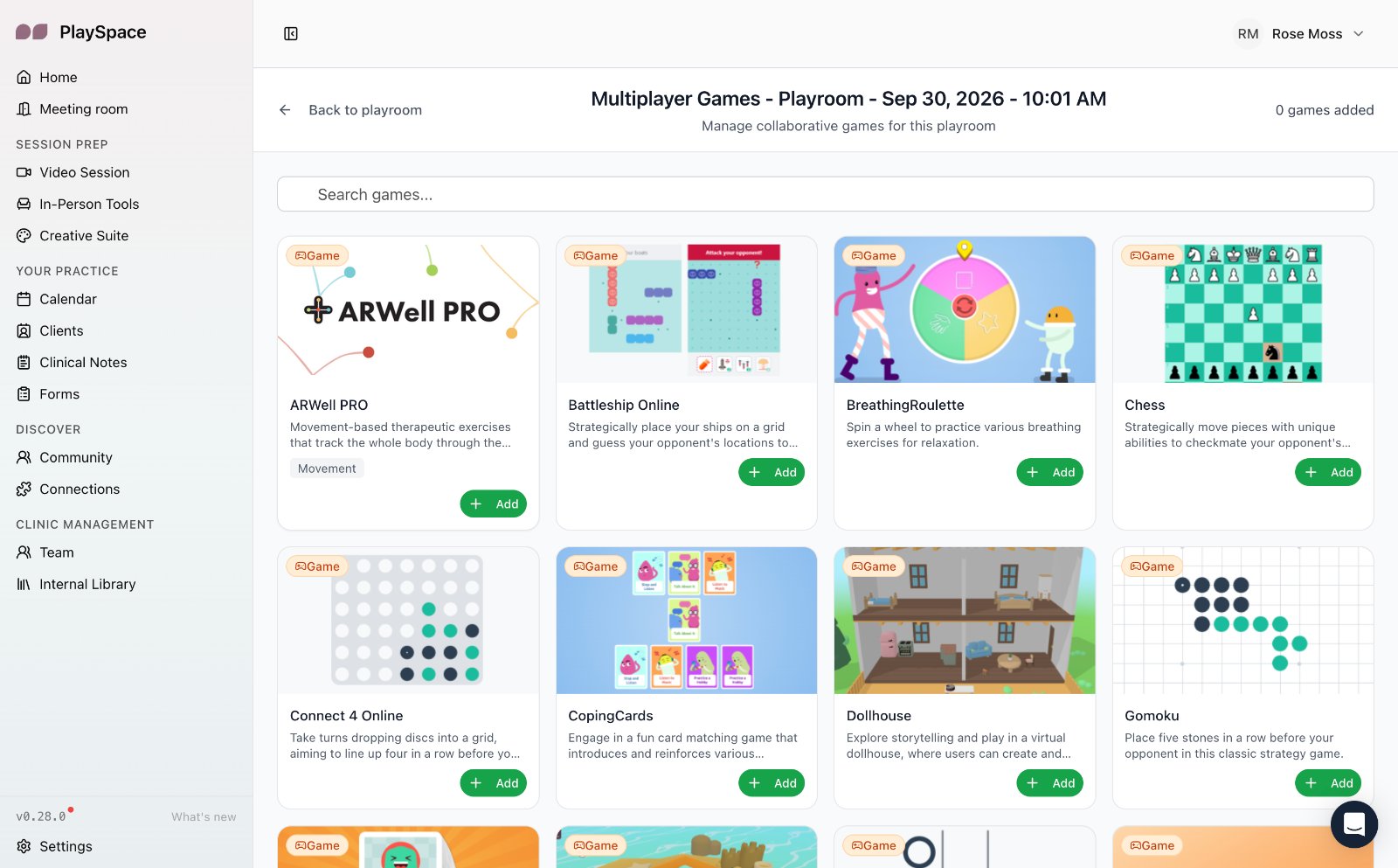 The Multiplayer games list for a playroom, with ARWell PRO first