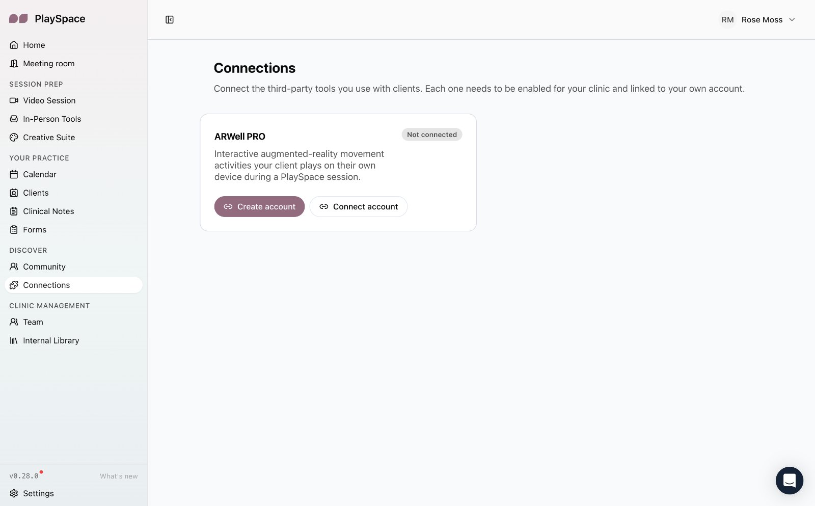 The Connections page in PlaySpace with ARWell PRO and a Create account button