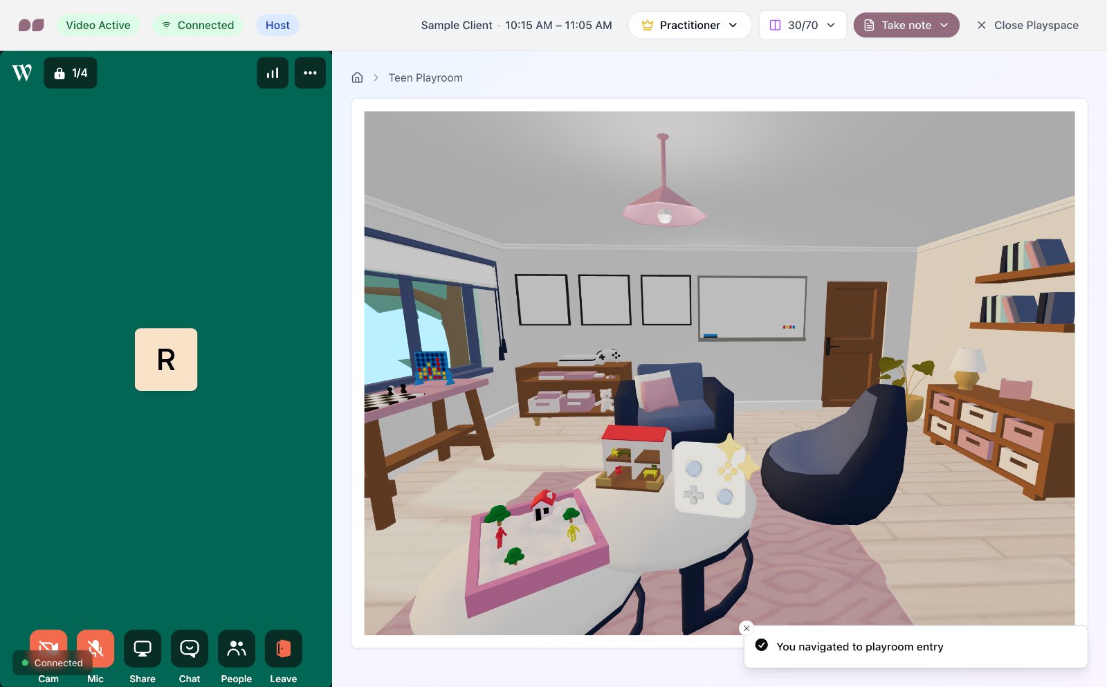 A video session with the teen playroom open beside it