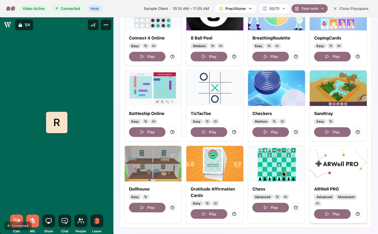 The Multiplayer games in a session, with ARWell PRO and its Play button