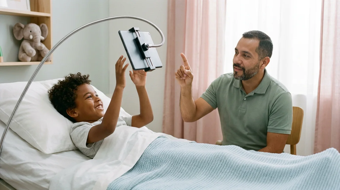 A boy lying in bed reaching up to a tablet on a mounting arm while his physical therapist points and encourages him