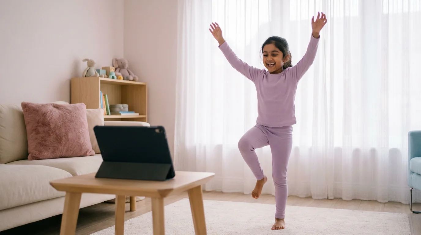 A girl at home playing a movement game in front of a tablet