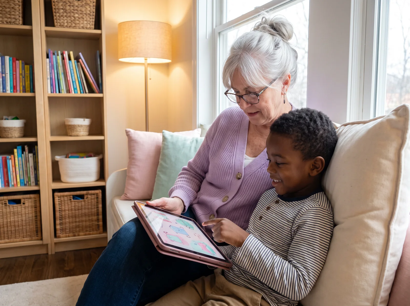 A therapist reading an illustrated story on a tablet with a boy in a reading nook