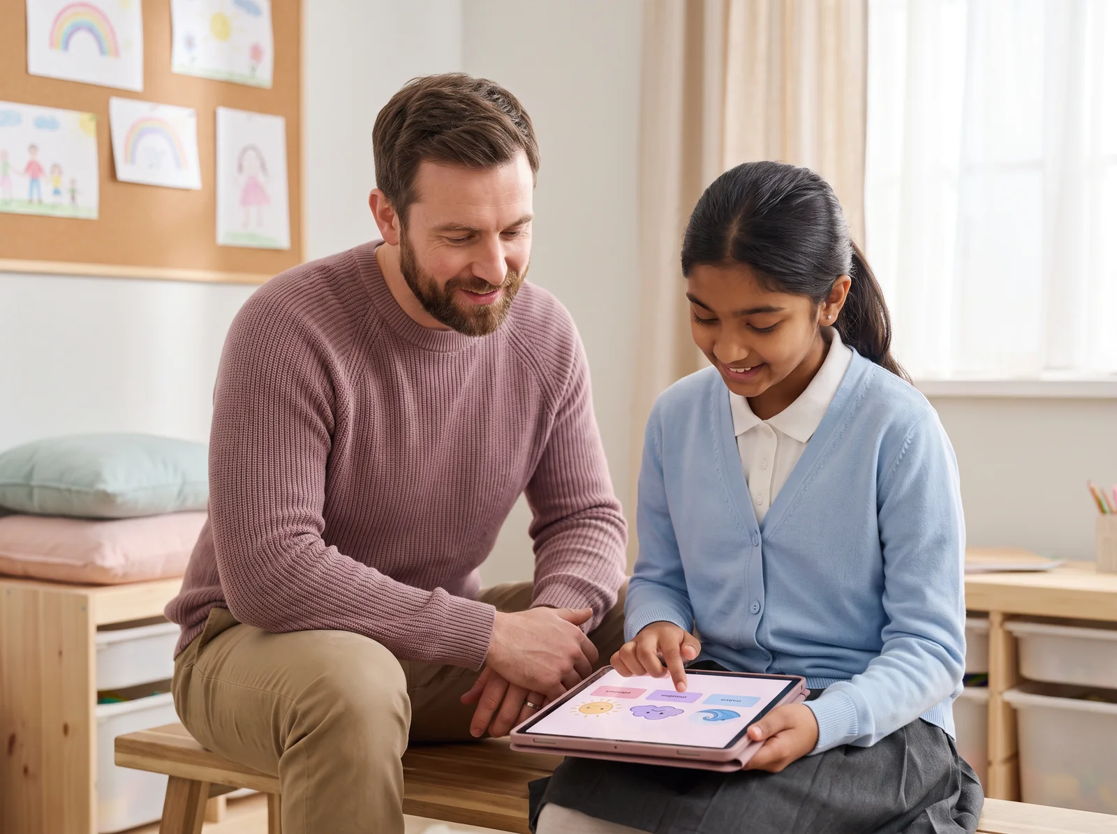 A school counselor sitting beside a girl as she chooses a feelings picture on a tablet