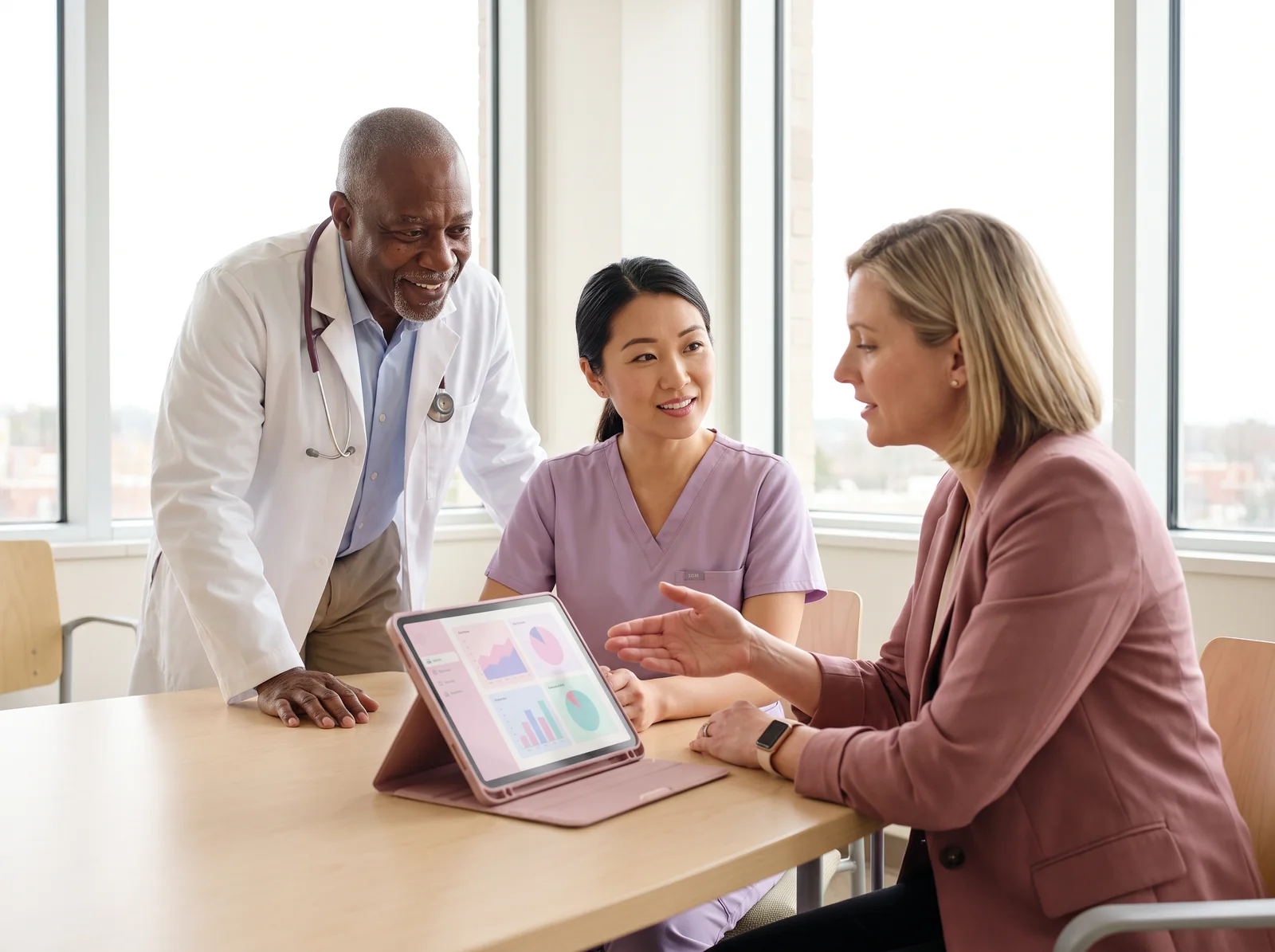 A physician, a nurse and a care coordinator review an activity on a tablet together in a pediatric clinic