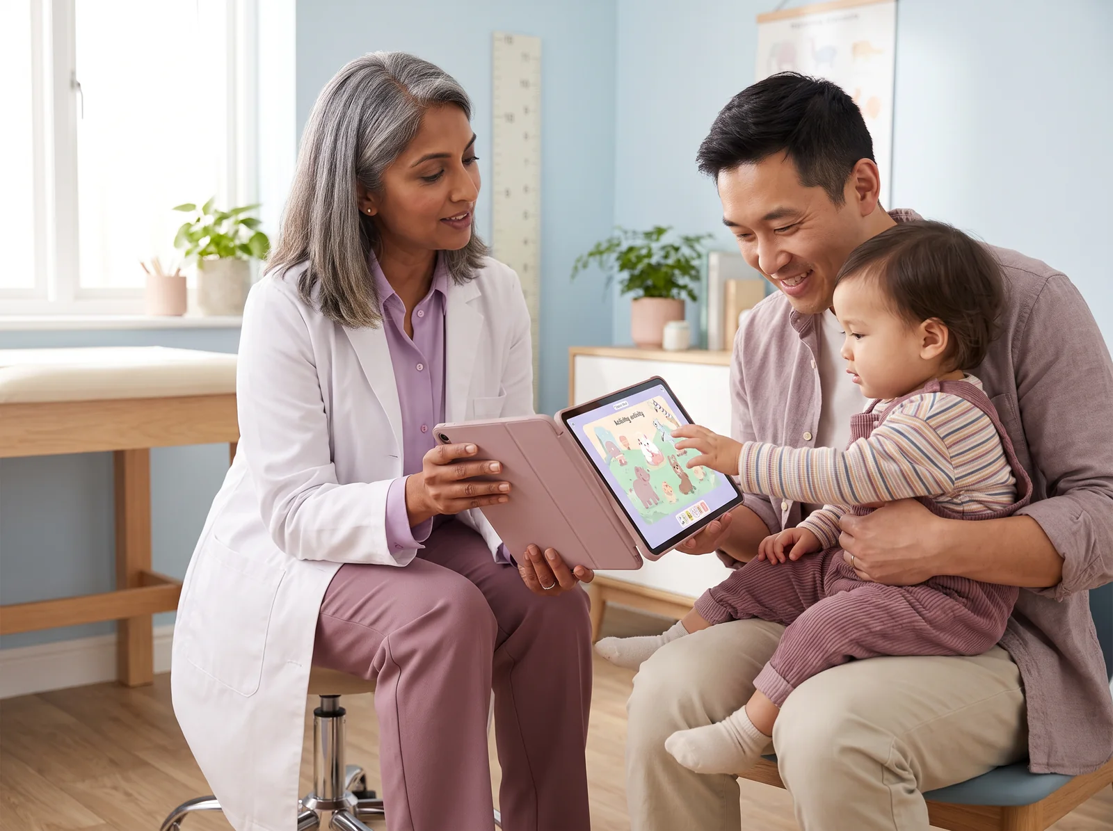 A pediatrician showing a tablet activity to a father and the toddler on his lap