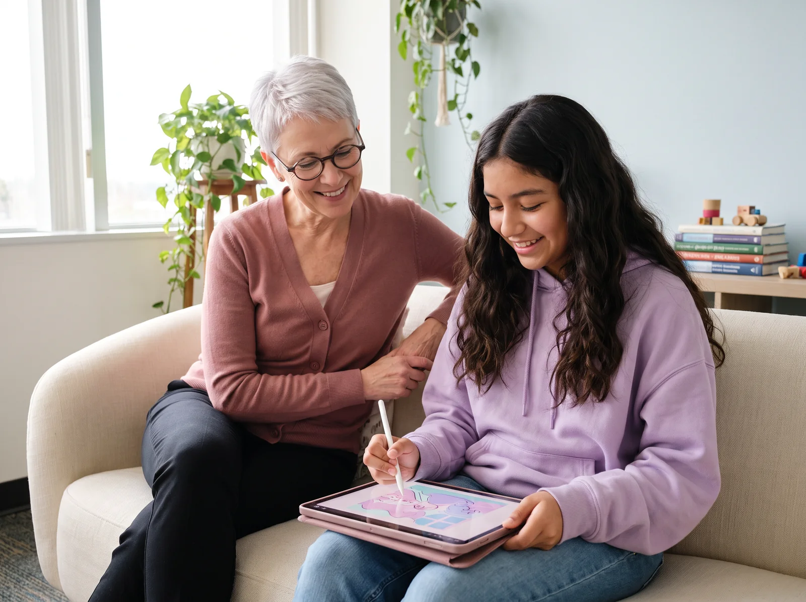 A psychologist sitting on a sofa with a teenage girl who is drawing on a tablet