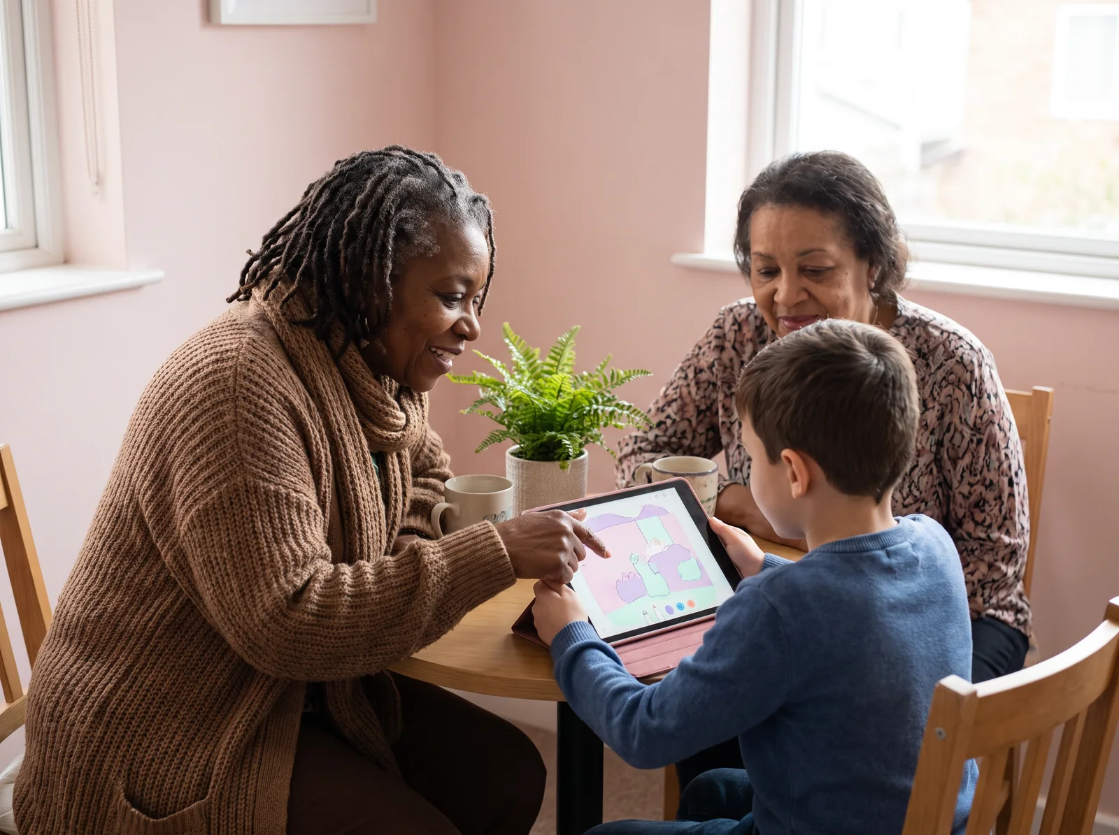 A social worker helping a boy with a tablet activity while his grandmother looks on