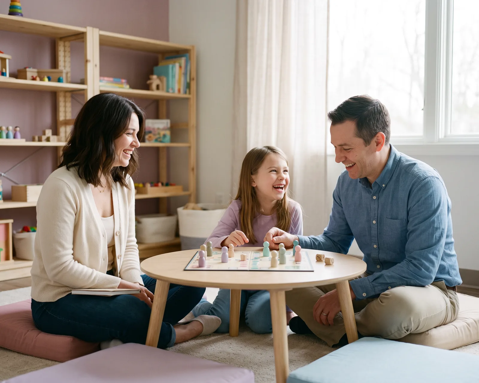 Two adults and a girl laughing over a board game at a low table in a playroom