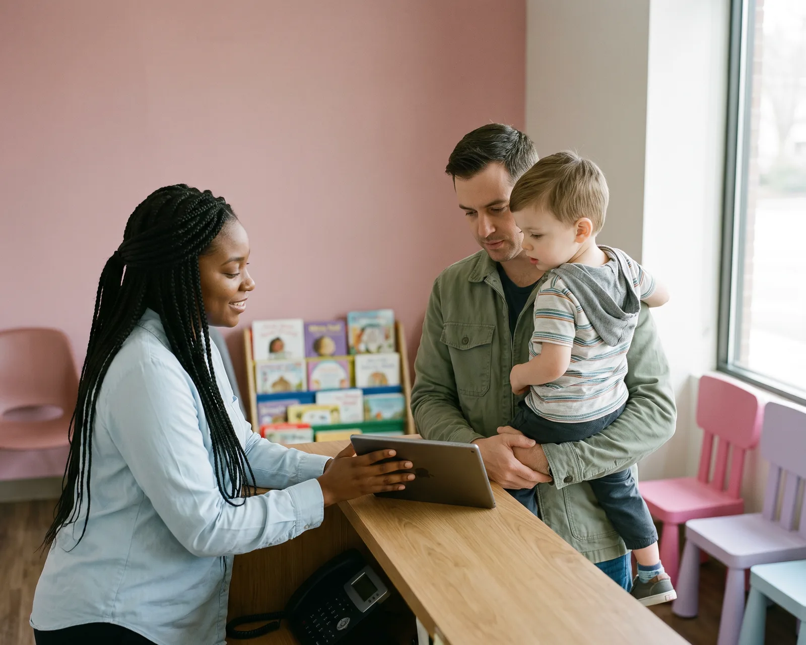 A receptionist showing a tablet to a father holding his young son at a clinic front desk