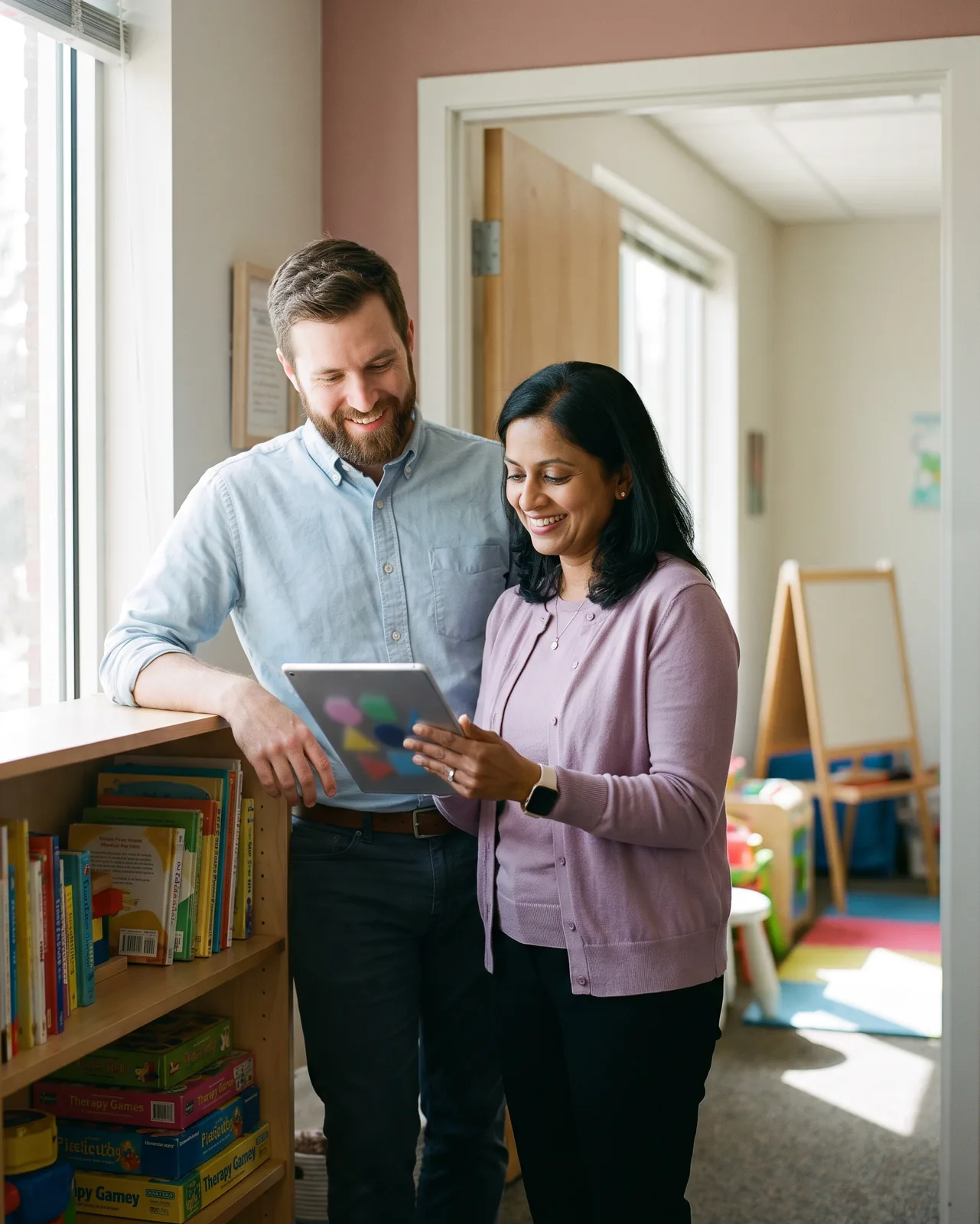 Two clinicians in a clinic playroom looking at a tablet together